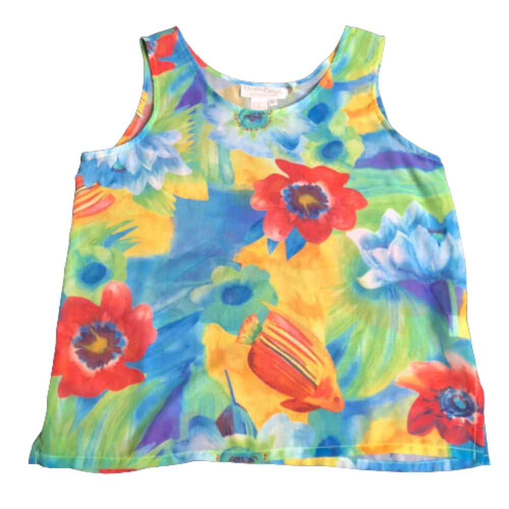 Christine Phillipe Top Womens‎ M Tropical All Over Print Sheer Tank Resort Boho
